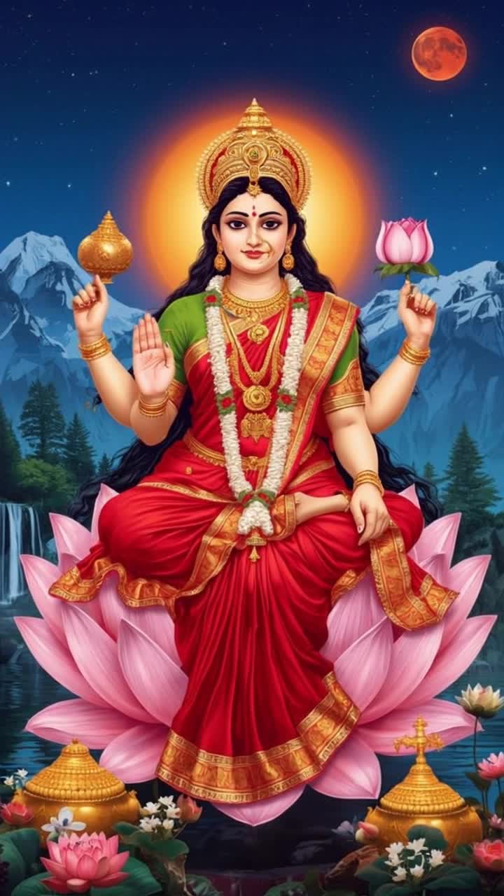 Make cinematic style video as goddess Lakshmi smiling gently, hairs swaying, moving hands gently, flower moving, create video with cinematic style Camera movements