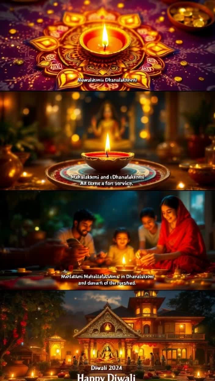 8K HD QUALITY HIGHEST REGULATION HIGH QUALITY HIGHEST QUALITY ANIMATION ANIMATED Heres a script for a Mahalakshmi Dhanalakshmithemed reel based on Diwali You can make it shorter or longer, and add music of your choice such as devotional or festive musicDiwali Mahalakshmi Dhanalakshmi Reel ScriptDuration Approximately 3045 seconds depending on the tempo and transitions of the musicMusic Upbeat, devotional Diwalithemed music Shots  Visuals  Text On Screen Text Overlay  VoiceVoiceover Optional  NotesTips  1 Opening  Closeup shot of a beautiful, glowing lamp or rangoli  None  Calm and devotional tone Welcome to that night  Hold for 23 seconds, then quickly move to the next shot   2 Transition  Some beautiful and rapidly changing shots of home decorations torans, lights, chandeliers  The Festival Arrives  When Every Corner Sparkles  Show 23 shots in quick succession, to the beat of the music  3 Mahalakshmi Invocation  A reverent shot of a puja thali in hand or an idolpicture of Mahalakshmi  Goddess Mahalakshmi  The worship of Goddess Mahalakshmi begins  Use slow motion or keep the focus on Goddess Lakshmi  4 Wealth and Prosperity  A pile of gold coins or symbolic objects, money, a new account book, or fruits and sweets  Wealth, Prosperity, and Opulence  Our Faith, Our Labor, Her Blessings  These shots represent Dhanalakshmi  5 Family and Happiness  A happy shot of family laughing or praying  Happiness and Love   This Diwali, may your home and family be showered with wealth and love  This shot should be heartwarming  6 PrayerResolution  A closeup of someone praying with folded hands or lighting a lamp  Happy Diwali  May your life be filled with auspiciousness and prosperity  Make the text large on the screen for a moment  7 Closing  A beautifully lit shot of the entire house  Diwali2024 Mahalaxmi Dhanlaxmi HappyDiwali  The music builds up and ends  Hold for 35 seconds, depending on the length of the reel Some tips for creating a reel Music Make sure the music is copyrightfree or has permission to use it for the reel Devotional or filmy Diwali music is a good choice  Transitions Use quick and engaging transitions like zooms or slides between shots to keep the Reel moving Lighting Use natural or warm lighting to create a beautiful and divine atmosphere Tags When uploading your Reel, be sure to use hashtags like Diwali2025, MahaLaxmi, DhanLaxmi, Deepawali, FestiveVibes Call to Action Ask viewers how theyre celebrating Diwali in the caption to increase engagement