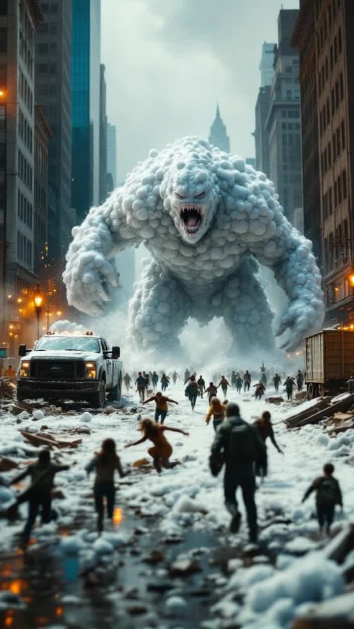 A fixed camera shot becomes a follow shot as a monster made of soap suds and bubbles rampages through the streets of postapocalyptic New York City, washing everything in sight as terrified bystanders flee screaming The monster sloshes its way down the street, leaving a trail of clean streets and buildings in its wake