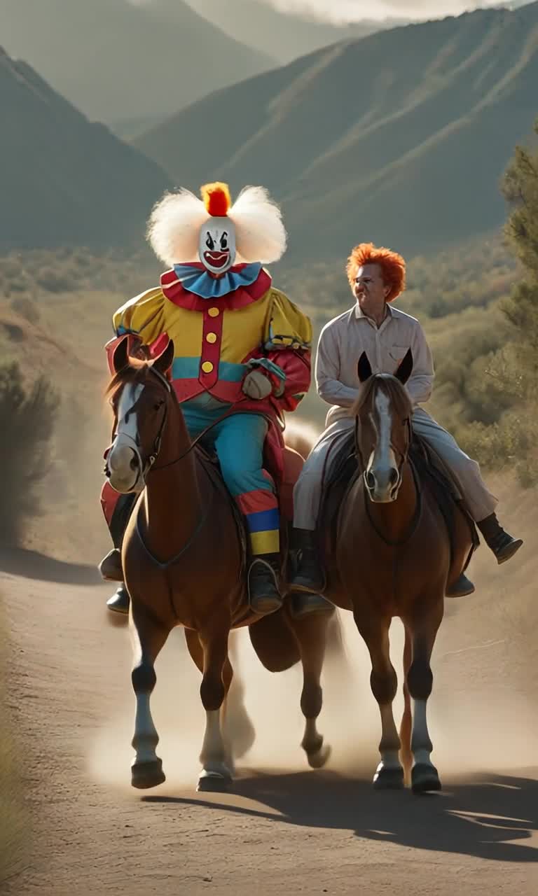 There is bozo the clown riding a horse down the path