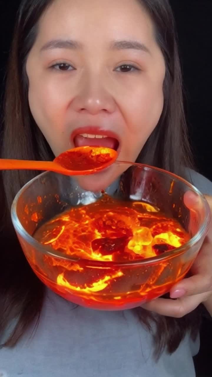 A Woman eating ice cream made of lava
