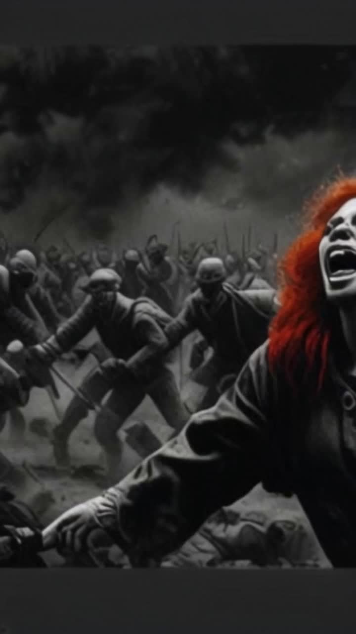 World War 2 battlefield, beautiful redheaded woman, everything but her red hair is black and white, shes outside in battle with them, everyone is running shes screaming