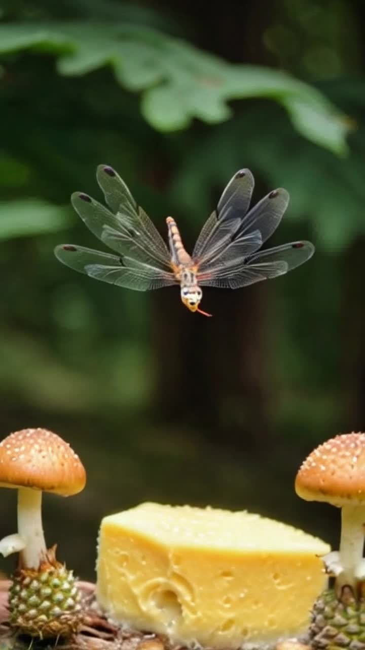 A colorful dragonfly with 16 wings flies over mushroom forest pineapple cheese 