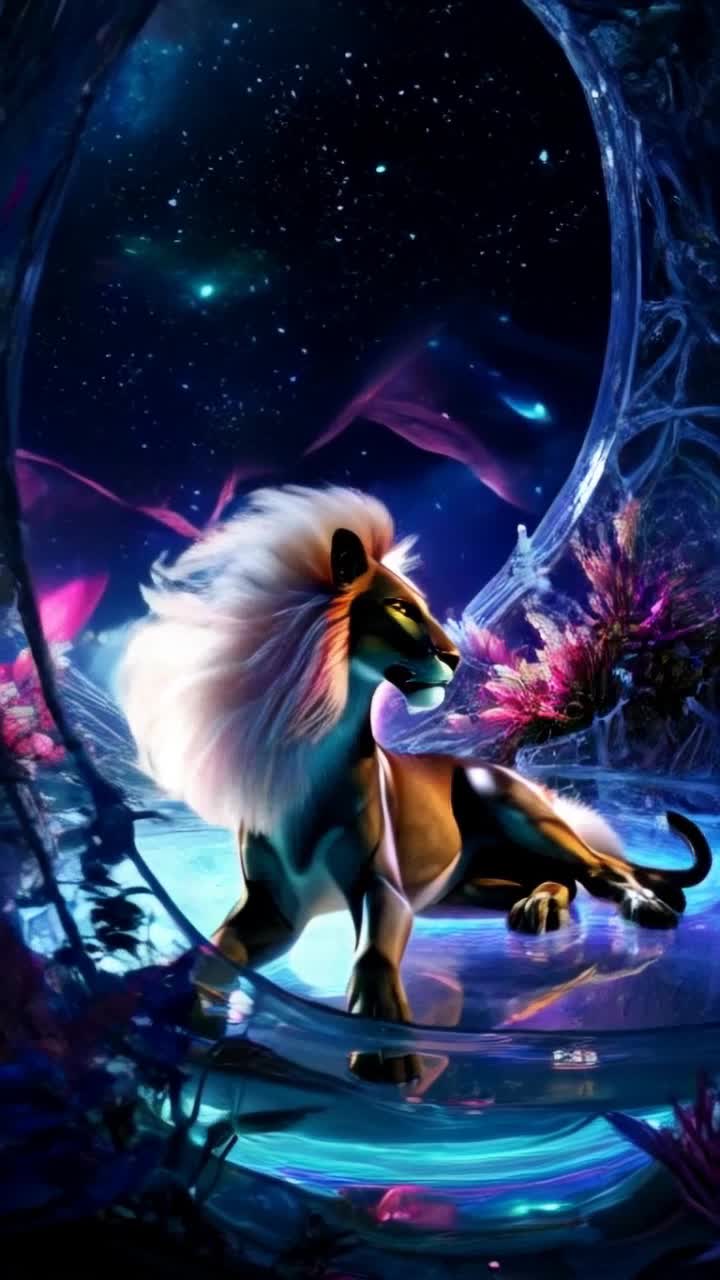 Futuristic lion with a luminescent mane reclining gracefully in a glimmering crystal chamber surrounded by a vibrant alien sky swirling with iridescent colors and shimmering stars casting ethereal reflections upon the translucent walls creating a mesmerizing glow illuminating intricate patterns of exotic flora intertwined with crystalline structures ethereal winds whispering through the chamber evoking a sense of wonder and tranquility