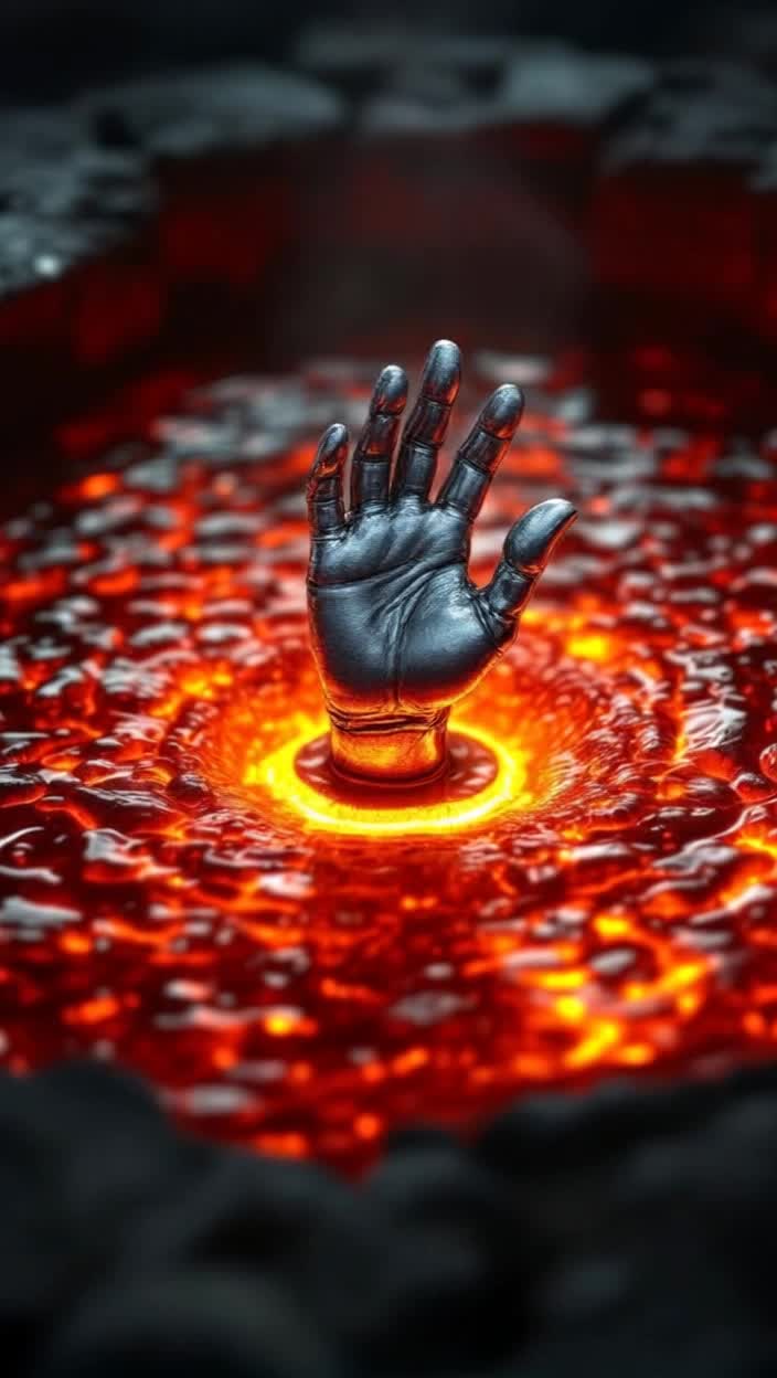 A flaming vat of molten steel shimmers with a spot of silver in the center as an upturned metallic thumb surfaces up and out  The slow reveal of smooth silver hand rising out of red orange hot bubbling combined melted metals as hand posture changes from thumb up to an ok signal and then a hand wave is both comical and horrifying, who is coming back 