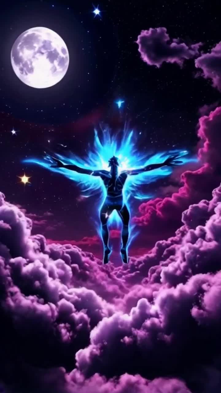 Coming book style anime, Venetian lighting, explodes, moody, explosions in background, edgy, Chosen generational curse breaker with spikey hair radiating atomic blue energy flexes his muscles and hero poses as he flys through the sky acrobatically beautiful views of a full moon and night sky full of stars