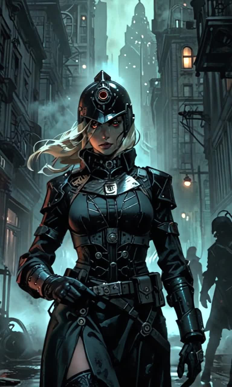 Determined woman gripping sleek weapon gliding through dimly lit alleyway stalking suspect with calculated precision exuding confidence like a predator navigating shadows caressing brick walls flickering streetlights casting eerie shadows on wet pavement city sounds echoing in distance tension building as she silently moves vibrant neon signs reflecting off puddles creating surreal atmosphere of suspense