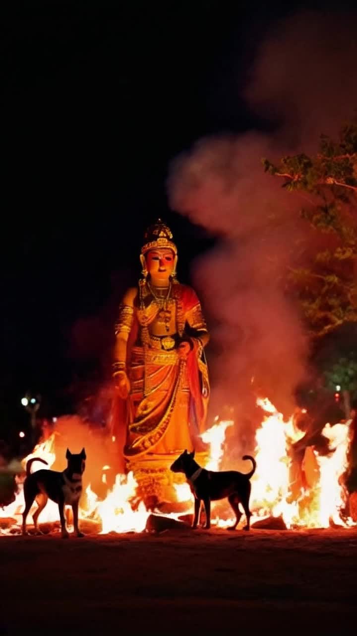 Hindu God Lord Bhairava walking along with dogs There is a lot of fire around him  The  time is night  and atmosphere is serene