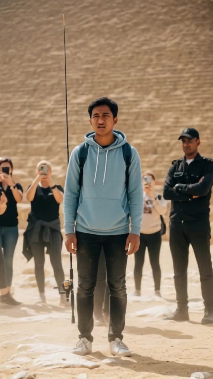A cinematic front shot of the man standing still near the Great Pyramid, looking disappointed and frustrated as the guard points him away His fishing rod is hanging down, shoulders slumped Behind him, tourists murmur and take pictures Some kids point and laugh Strong afternoon sunlight, dry wind blowing sand, high contrast shadows, realistic movement in clothes, slightly handheld camera for realism and tension