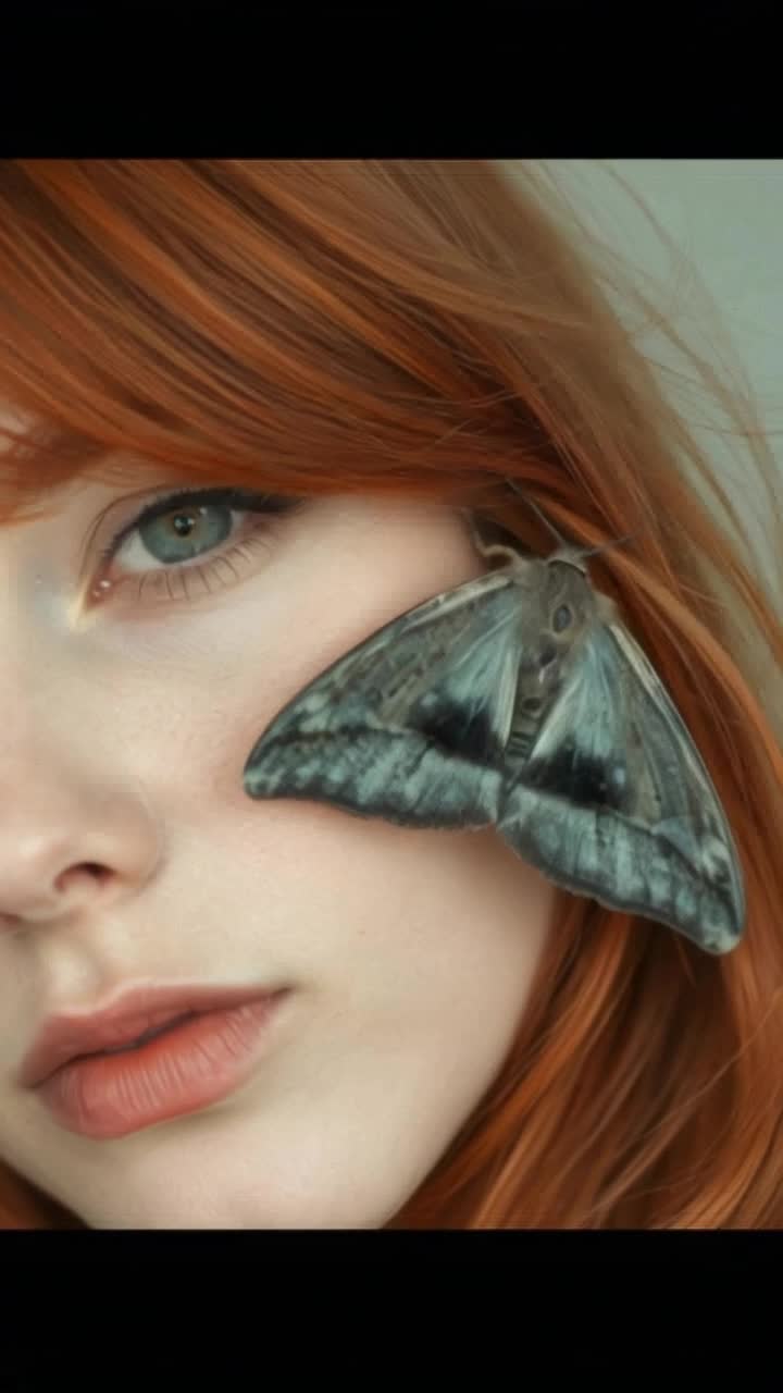 beautiful close up of a beautiful red head womans face, she has a serene look on her face as a large grey and teal moth climbs up her cheek, the wind slightly blows her hair