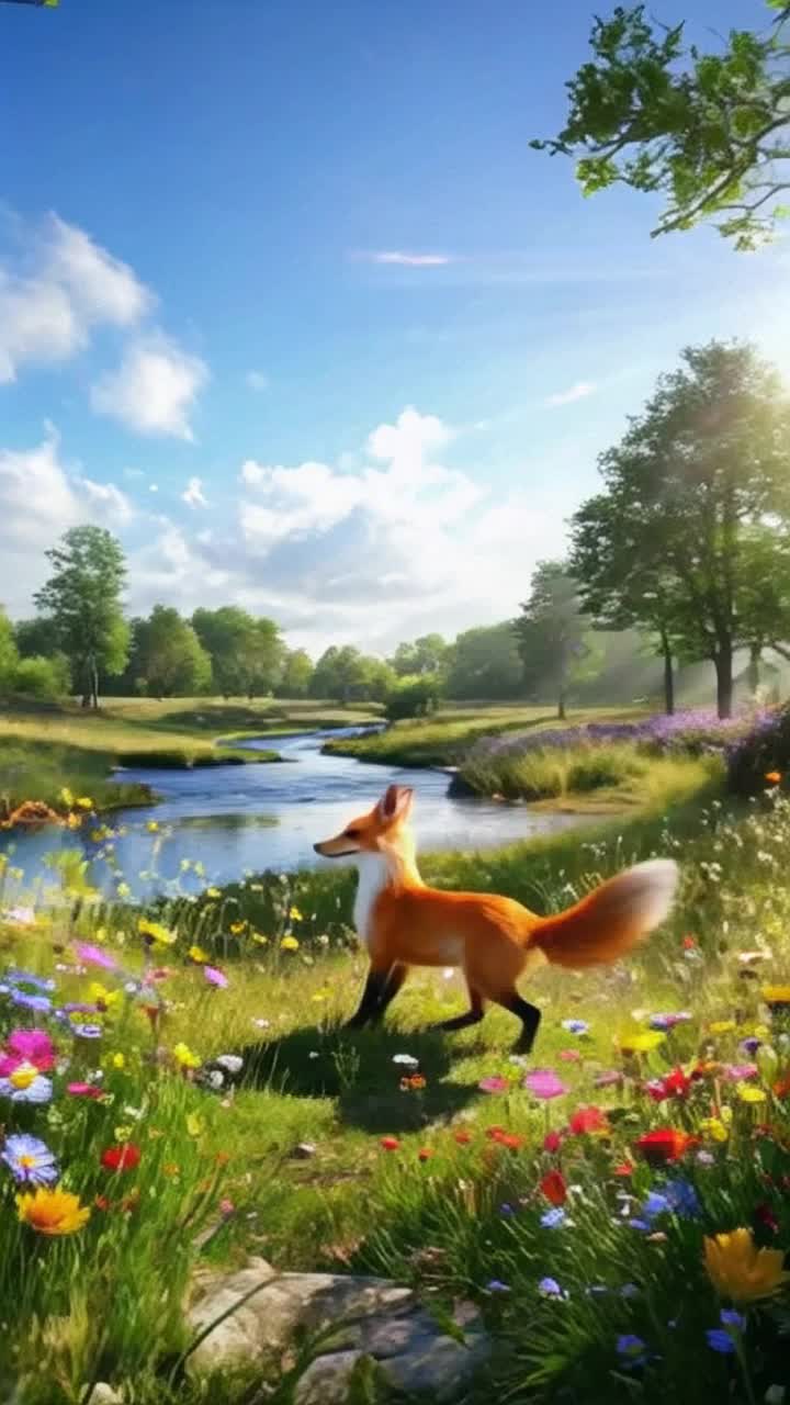 Whimsical fox with bright orange fur playfully frolicking among vibrant wildflowers in a sunlit meadow Soft breeze sways petals and tall grass creating a dance of colors Fluttering butterflies of every hue flutter around creating a magical atmosphere Dappled sunlight pierces through leafy trees casting playful shadows on the ground In the distance a shimmering stream flows gently, reflecting the clear blue sky above, inviting tranquility Spectacular clouds float lazily, adding depth to the serene scene, while cheerful birds chirp melodiously, enhancing the lively soundtrack of nature This enchanting tableau captures a serene moment of bliss