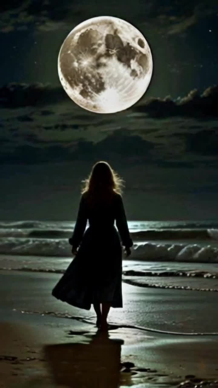 Graceful woman adorned in flowing white gown gliding towards shimmering ocean waves under silvery moonlight illuminating the shoreline with a magical glow Soft breeze caresses her hair as delicate sand whispers beneath her  feet Stars twinkle above creating a dreamy canopy while distant waves serenade her journey Gentle ripples of the sea reflect moonbeams dancing like diamonds on waters surface Tranquil ambiance encourages a mesmerizing, enchanting atmosphere that captures the beauty of night Oceans horizon blends with soft clouds, creating a serene escape where elegance meets natures tranquility Everything feels alive in this enchanting seaside moment