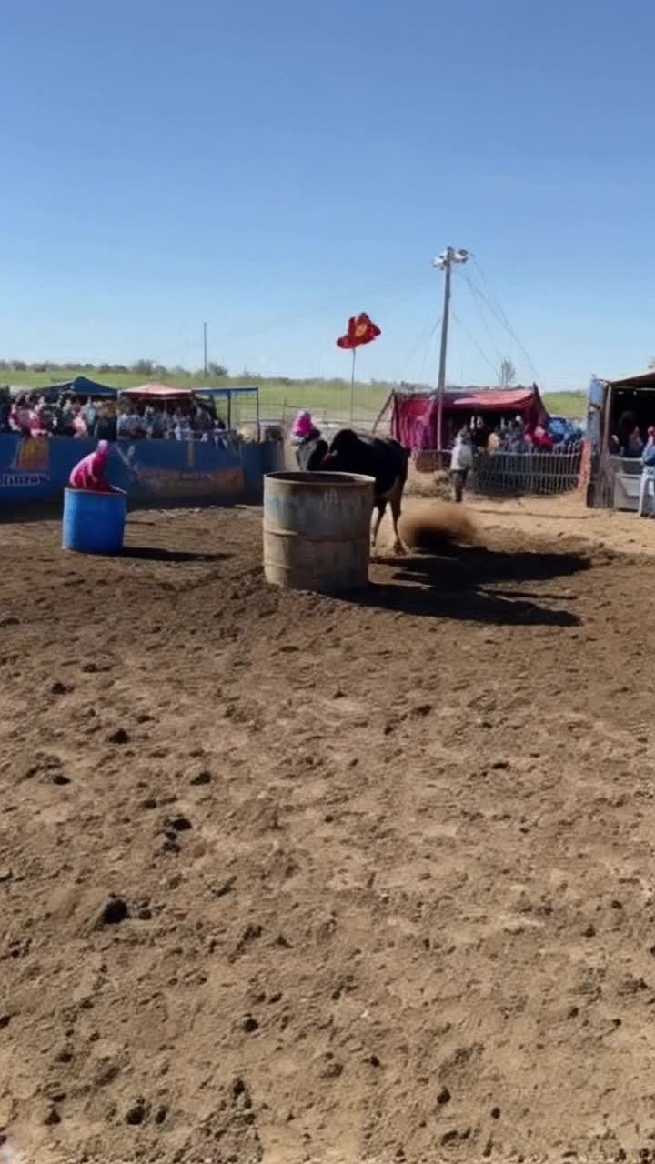 Rodeo clowns run away from a bull, one clown jumps into a barrel and gets knocked into space, hitting the sun