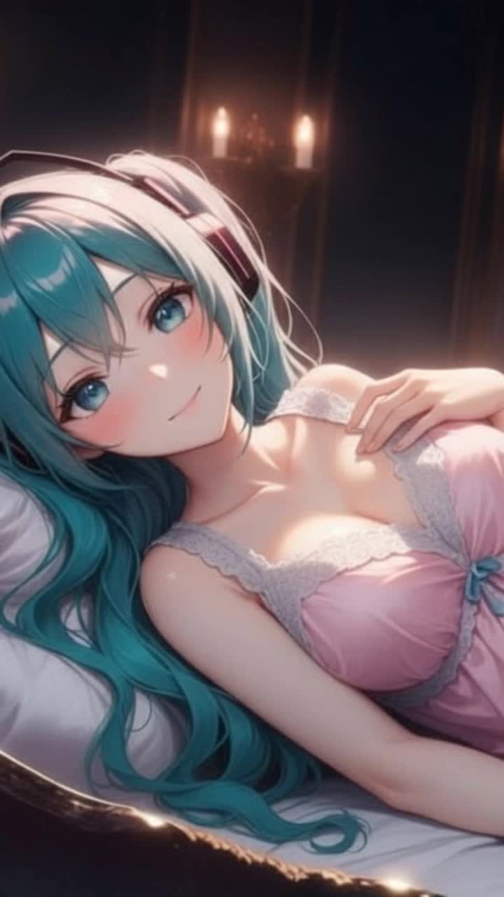 Hatsune Miku softly giggles as she lays in her bed.