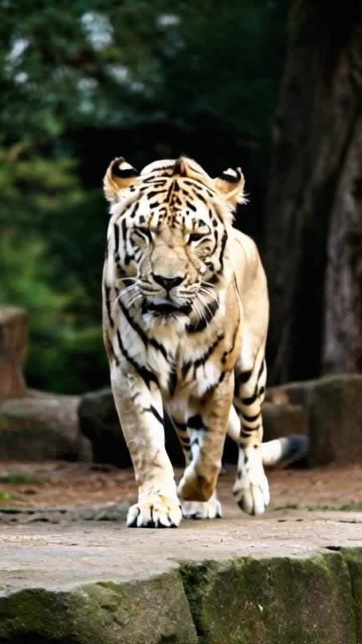 ZION a white lion with zebra stripes , black and white stripes all over its body running towards you