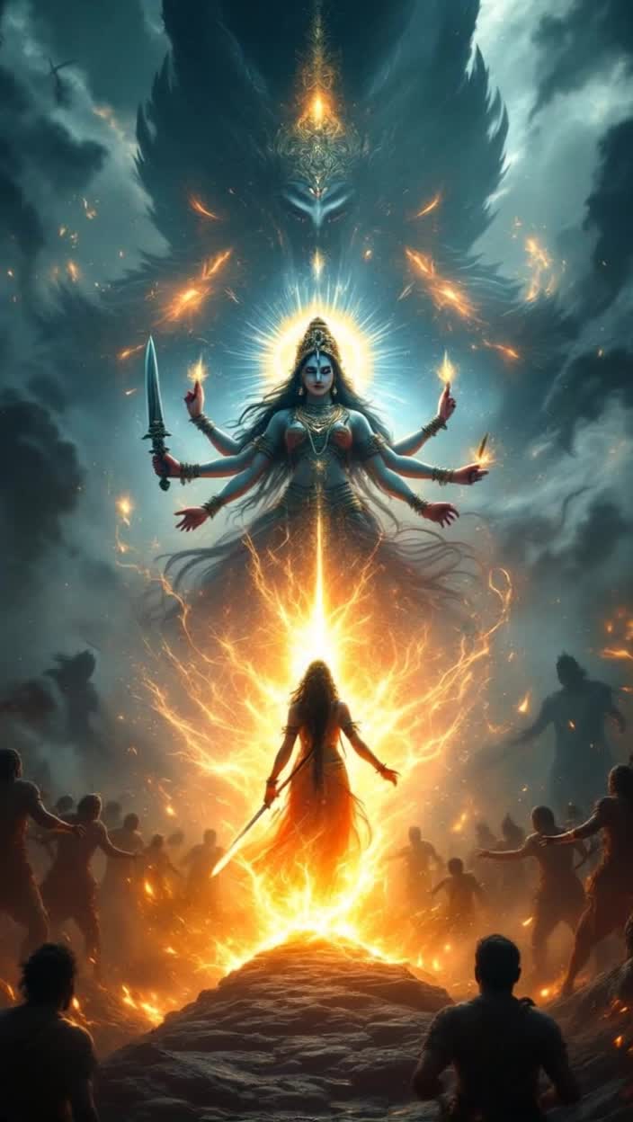 Majestic Goddess Katyayani radiates divine strength Four graceful arms wielding sword and lotus flower Action unfolds with powerful energy as chaos reigns below Demonic shadow of Mahishasura looms ominously Chaos distorts surroundings in darkened realm Swirls of smoke dance through the air Vibrant explosion of light erupts from trio of gods illuminating the scene Divine figure emerges in a whirl of radiance Calm yet fierce eyes gaze upon terror as music rises Dramatic confrontation begins as light dispels darkness Victory resonates in melody Goddess stands serene wrapped in divine aura as text appears on screen Celebratory notes echo Jai Maa Katyayani