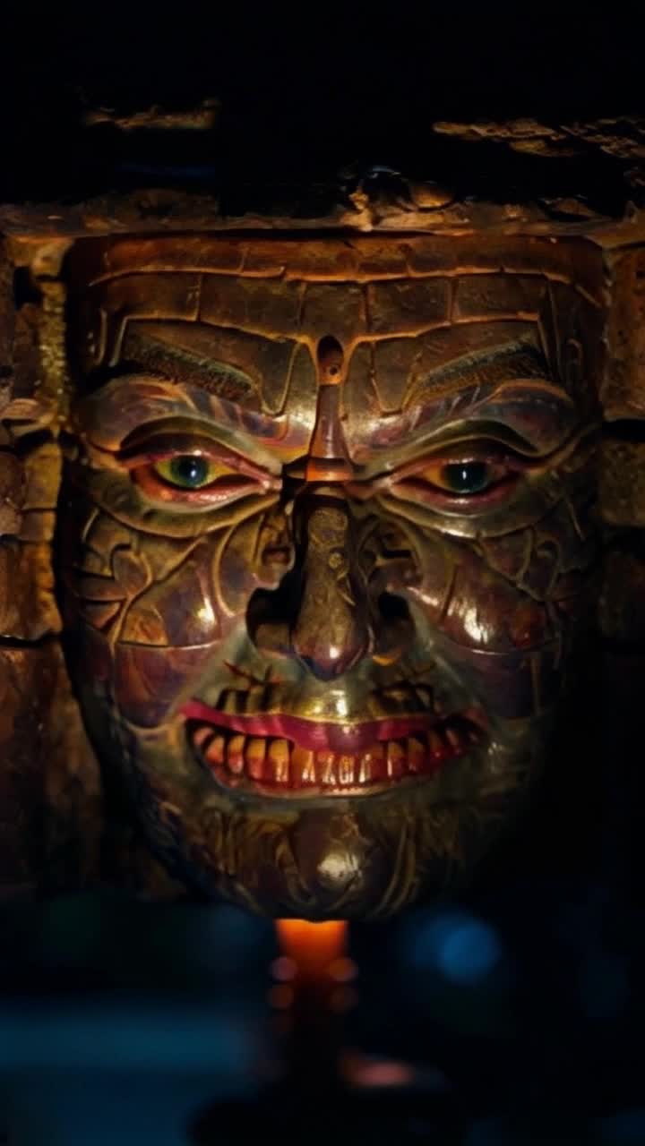 Ancient intricately carved mask filling frame vibrant female Maya goddess features exuding fierce tribal emotions glossy stone textures around her eyes glowing with life mouth slowly opening revealing deep dark cavern inside ancient mystical energies swirling within view zooming closer into her mouth immersing in an echoing soundscape of whispers and secrets shadowy edges illuminated by flickering torchlight surrounding ethereal colors softly glimmering creating a sacred atmosphere exploring hidden depths of mythical power and wisdom within the enchanted mask