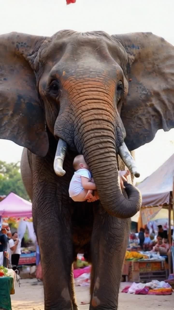 Majestic elephant with enormous ears and textured skin cradles adorable baby in its trunk lifting them high with gentle care amidst a vibrant bustling crowd of colorful market stalls and lively onlookers feeling awe and excitement in the air surrounded by vivid blooms and shimmering fabrics, sunlight filtering through trees creating a magical atmosphere