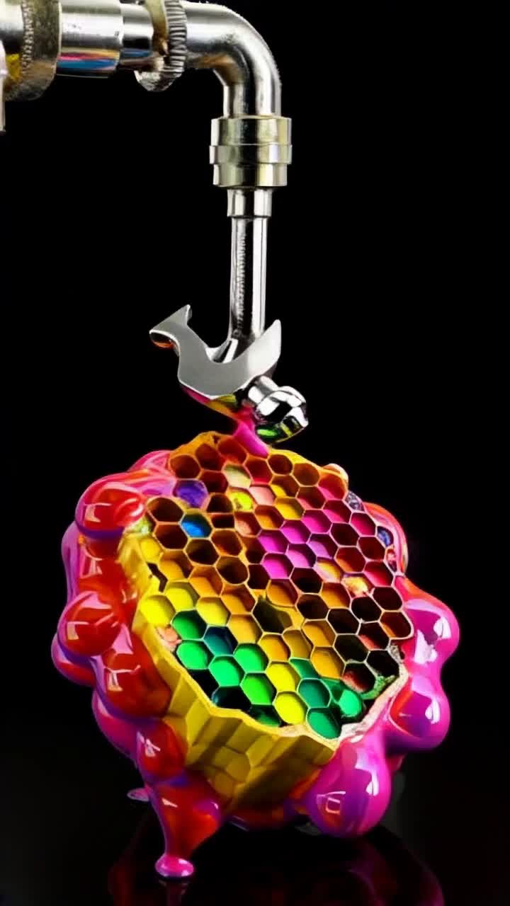 Threedimensional metallic wrench twists on shiny industrial pipe pouring vibrant multicolored liquid cascading downwards Liquid flows smoothly forming intricate 3D hexagonal cells of a beehive gradually filling with colors creating a dazzling display Beehive pulsates with life as colors swirl and blend harmoniously At completion of the filling process beehive elegantly spins 360 degrees showcasing dynamic reflections and shimmering textures Scene transitions smoothly to final logo of ThriveHive Source emerging like a beacon from the vibrant chaos surrounded by a colorful whirl of liquid patterns that slowly calm into tranquility