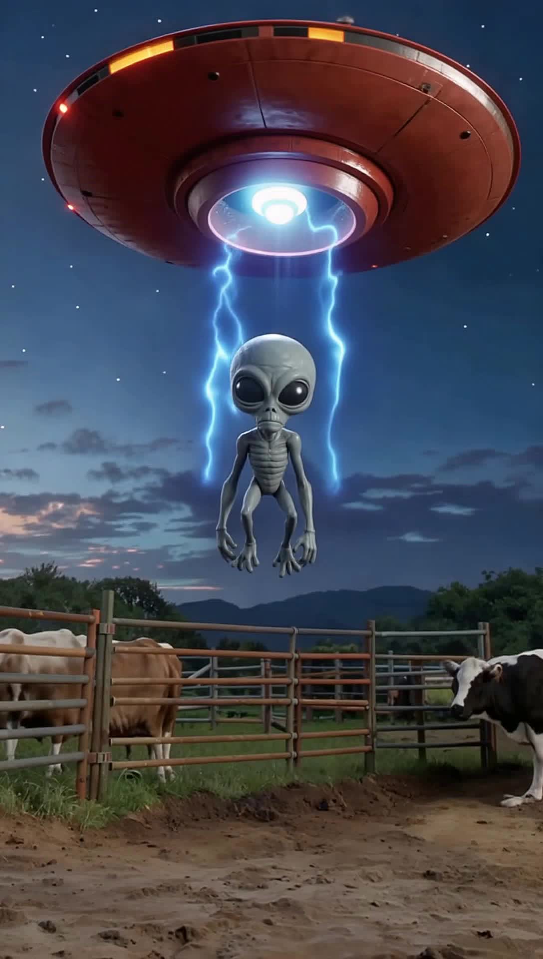 A grotesque grey alien with overly large hideous black eyes the color of a bombardier beetles shell, is floating down in a bluish magical beam of energy from a evil reddish colored cigar shaped UFO floating silent above a cow pasture 4k rendering 