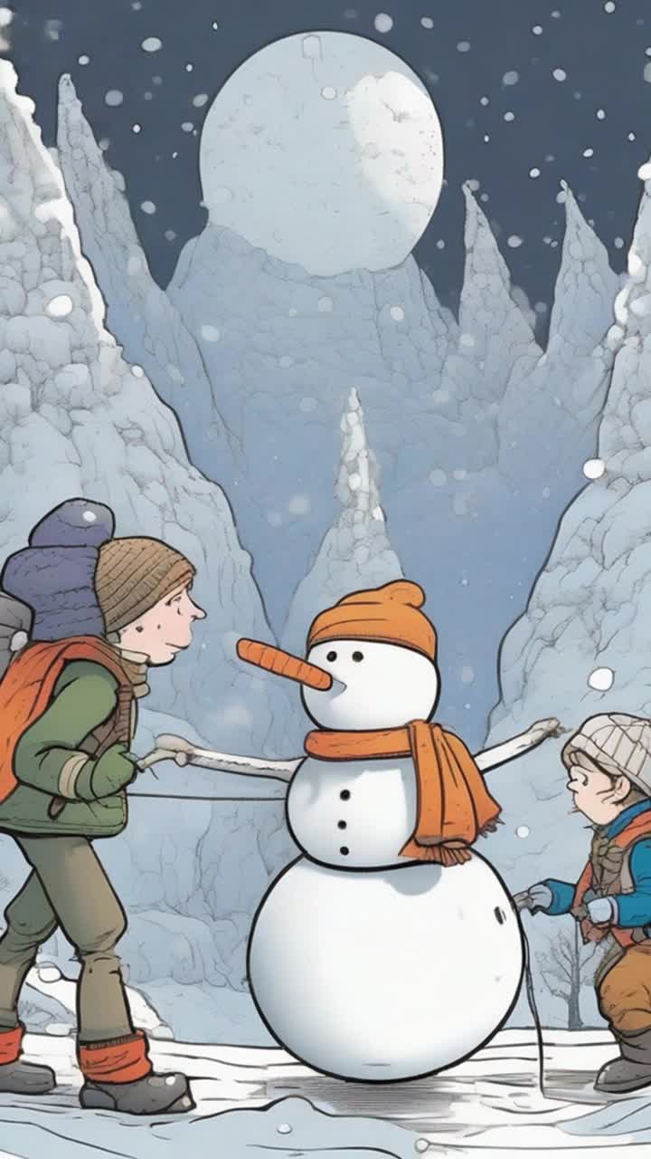 In graphic novel format, a  small group of  three centimeters tall tiny people dressed for heavy winter, horizontally mountain hike up a snowman,  past a carrot nose of a snowman head, it is snowing with snowflakes too large, a snowflake seems oddly oversized and knocks the last guy off,  his rope connecting him to the front two hikers is immediately snipped with a quick tug on a loose knot, the first two hikers shrug at each other, smile and move on