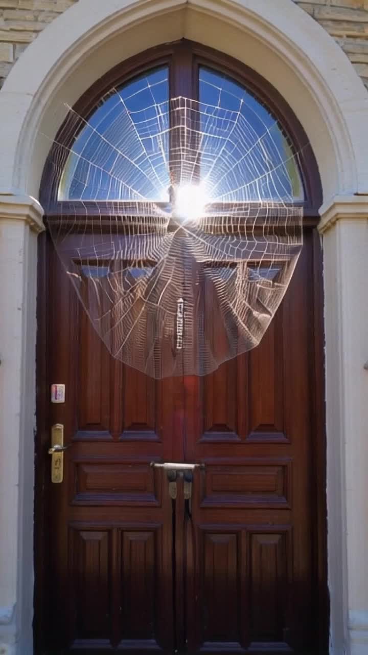 A spiderweb above front doors of a church has a pareidolia type phenomenon of the word ENTRANCE in the sun sparkling silk weaving of the web The spider is gone but left the web across the doors as if they should not be open, has the word ENTRANCE written into the web in fine silk, will not someone think of the children 