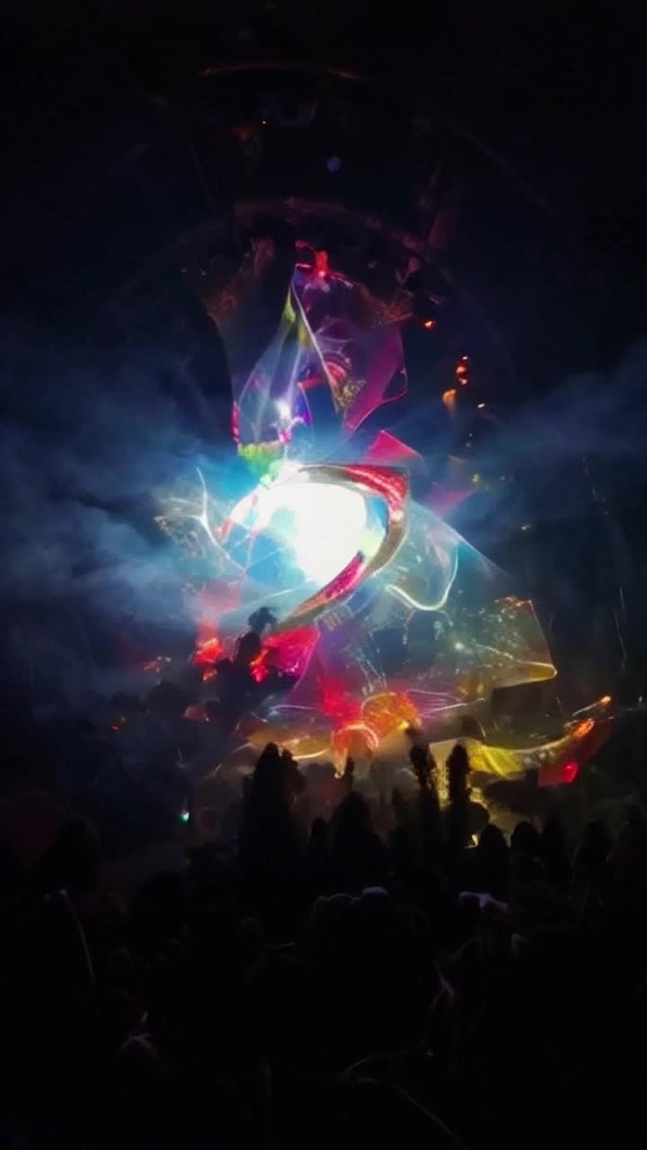 Vibrant abstract shapes swirl and dance in harmonious motion, colors blending and pulsing with energy Flickering lights leap playfully amidst the kaleidoscope, creating a mesmerizing display Misty tendrils of fog drift lazily through the scene, revealing glimpses of hidden patterns as they intertwine Shadows elongate and shift, adding depth to the vivid tableau
