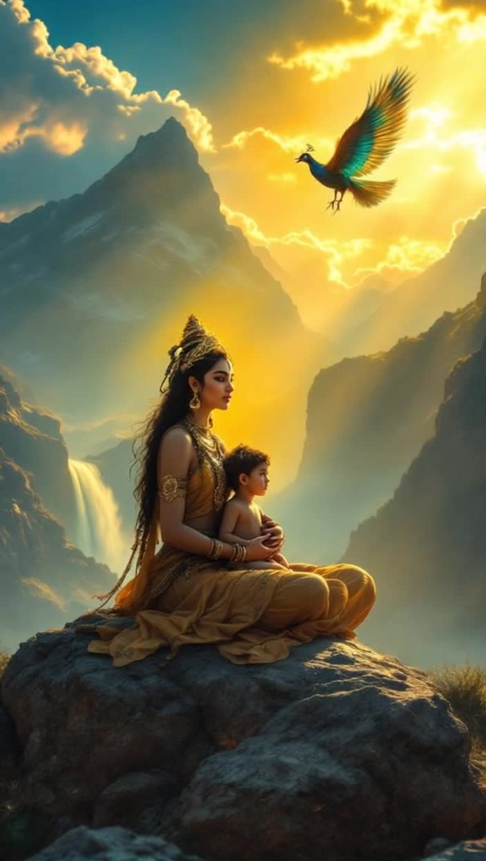 Heres a reel script for your given sceneReel Script Goddess SkandamataDuration 2025 secondsMusic Calm, melodious, and divine instrumental music such as a flute or veenaAudio Gentle sound of wind, slow sound of a waterfallShot 1 05 secondsScene The camera slowly pans upward, with rays of golden sunlight streaming down through the clouds A wide shot of the majestic and serene peaks of the HimalayasText on screen The fifth day of NavratriShot 2 512 secondsScene The camera zooms in Goddess Skandamata is seated on a rock Her face is extremely calm and compassionate She holds her son, Skanda, in her lap, who looks up at her Focus on the tenderness and peace of motherhood in this shot Shot 3 1218 secondsScene Suddenly, a huge and majestic peacock flies into the frame, its wings spread Iridescent colors shine on its feathers, and its flight casts a golden glow in the air The camera follows the peacocks graceful flightShot 4 1825 secondsScene The camera again shows the entire divine scene  Goddess Skandamata, her son, and the flying peacock High mountain peaks and waterfalls are clearly visible in the background This shot is a powerful blend of peace, strength, and loveText on screen Mother Skandamata Symbol of motherhood, strength, and loveMusic The music slowly fades out