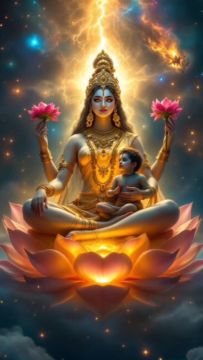 Here is a script for a fantasy 8K highresolution animation video about SkandamataVideo Title Skandamata The Mother of GodsScriptScene 1Video A cosmic expanse, filled with nebulae and glowing stars The camera slowly zooms in on a breathtaking, celestial lotus flower, radiating a soft, golden lightScene 2Video The lotus petals gently open, revealing a divine form within Its Skandamata, seated majestically Her skin is fair, her eyes radiate compassion, and shes holding her son, Kartikeya Skanda, on her lap Her four arms hold two lotus flowers and a varada mudra blessing gesture The fourth hand is holding KartikeyaScene 3Video The scene shifts to show the demon Tarakasura, a terrifying figure with sharp fangs and a menacing aura He is wreaking havoc across the three worlds Trilok The gods, helpless and distraught, are fleeingScene 4Video Skandamata watches this destruction with calm and resolve She blesses her son, Kartikeya, who is now a radiant warrior He takes up his spear, the Vel, which glows with immense powerScene 5Video Kartikeya descends from Skandamatas lap and confronts Tarakasura Their battle is epic, with lightning and fire filling the sky Each move is a powerful ballet of divine forceScene 6Video Kartikeya, with a final, powerful thrust of his Vel, vanquishes Tarakasura The demons form dissolves into dust, and peace is restored to the three worldsScene 7Video The gods and goddesses gather to worship Skandamata and Kartikeya They offer flowers and prayers in gratitude The scene is filled with a sense of divine harmony and tranquilityScene 8Video Skandamata is again seen in her magnificent form, cradling Kartikeya The camera slowly zooms out, revealing the entire universe filled with her divine aura A single, luminous lotus petal falls slowly, signifying her blessingsEndText on screen    Skandamata The Mother of GodsAnimation DetailsHigh Resolution 8K resolution to capture the intricate details of cosmic nebulae, divine forms, and the textures of lotus petalsColor Palette A vibrant and rich color palette with golden hues, deep blues, and ethereal whites to evoke a sense of divinity and fantasyLighting Dynamic and volumetric lighting to create a magical atmosphereVisual Effects Fluid particle effects for the magical energy, slowmotion shots to emphasize powerful moments, and cinematic camera angles for a grand scale