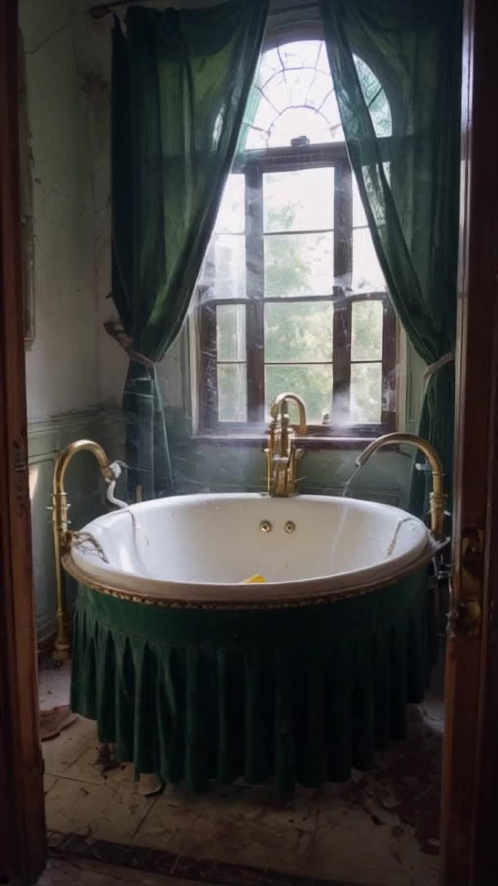 Opulent clawfooted tub adorned with intricate brass fittings ancient cracked yellow soap nestled inside delicate mist swirling gently revealing ethereal female spirit in the bathtub softly rising steam enveloping figure Tall leaded paned window allowing rays of light to filter through broken panes dark green velvet curtains tattered and rotting swaying gracefully in unseen breeze cobwebs draping corners capturing timeless dust motes lingering air imbued with nostalgia whispering secrets of forgotten elegance