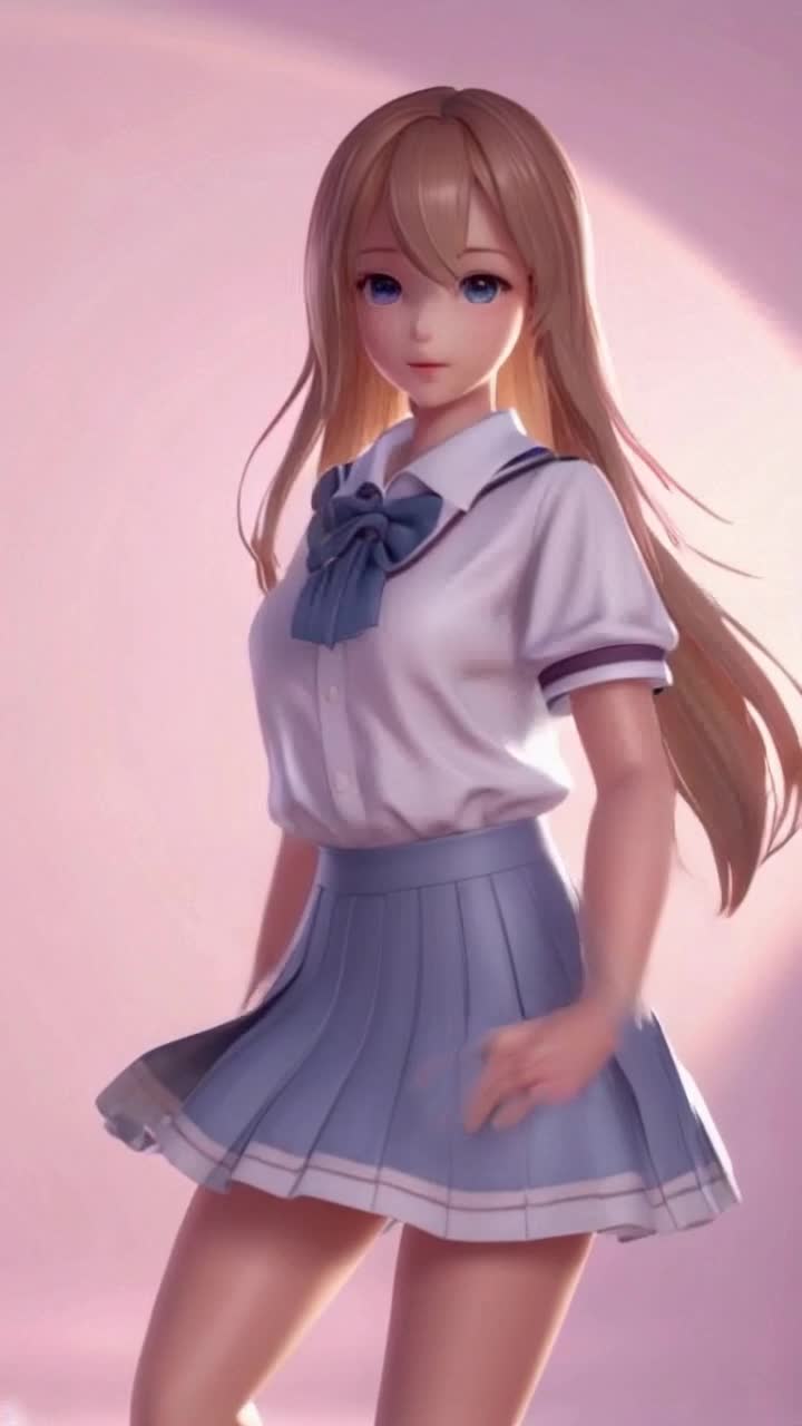 3D anime girl dressed in a crisp school uniform with delicate details flowing hair cascading around her shoulders eyes sparkling with natural reflections expressive face radiating elegance dynamic dancing pose full body view swaying gracefully soft volumetric lighting highlighting smooth skin texture subtle shadows enhancing depth soft pastel background creating a dreamy atmosphere cinematic depth of field focusing on her lively movements gentle rim light accentuating contours of her figure realistic shading adding depth slight gloss reflecting light on hair and clothes capturing the enchanting allure of youthfulness