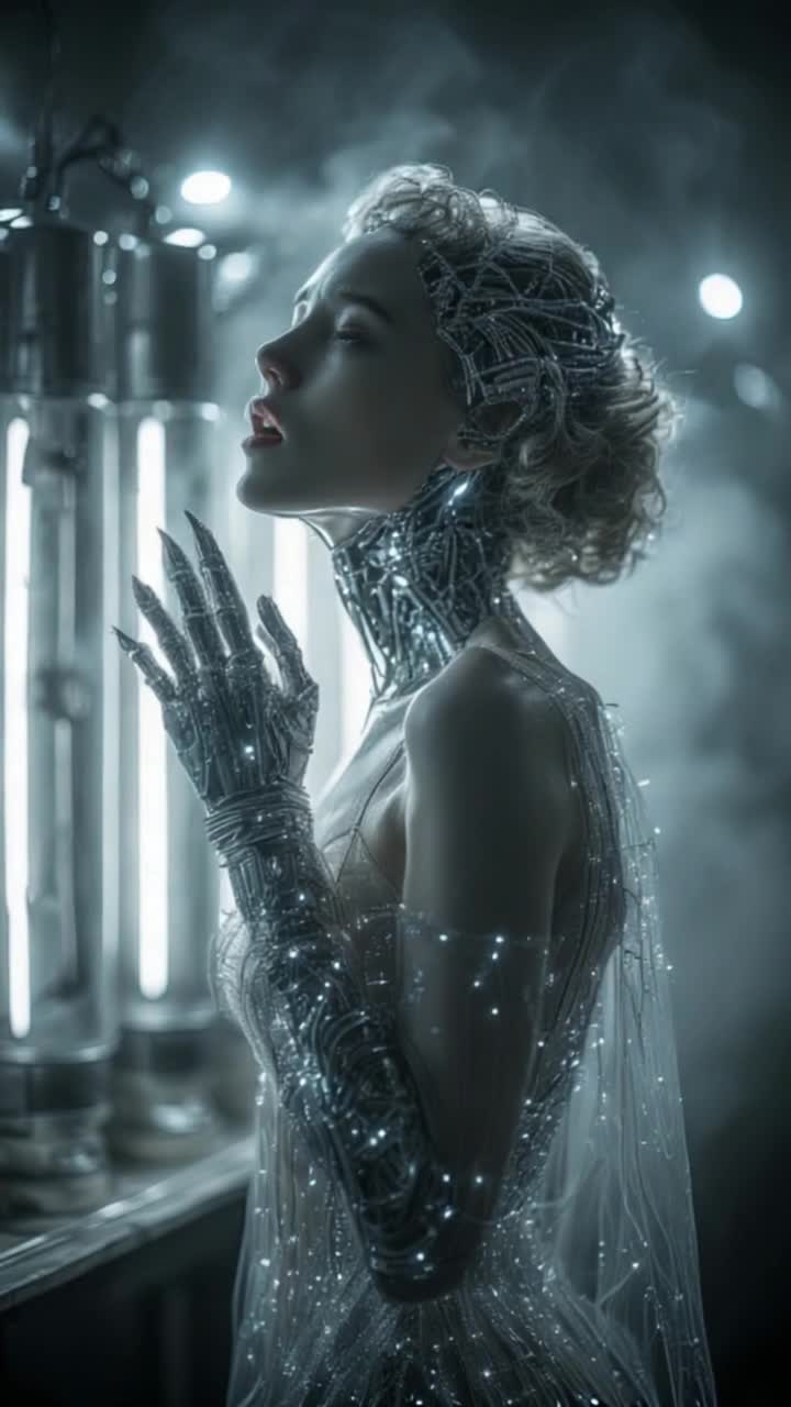 A pale, cybernetic woman begins to sing a sorrowful melody in a dark, steamfilled lab Her hollow eyes shimmer with grief Metallic seams line her incomplete face Her 1920s fingerwave hair glints under flickering cold lights, tucked beneath a sleek carbonfiber headdress Her sharp, chrome hands slowly reach into the airgesturing in pain, grasping as if mourning something lost Her elegant gown, glowing with embedded circuitry, ripples faintly as she sways Behind her, cryogenic tubes hum softly, casting eerie reflections through the mist The scene is somber, graceful, and haunting