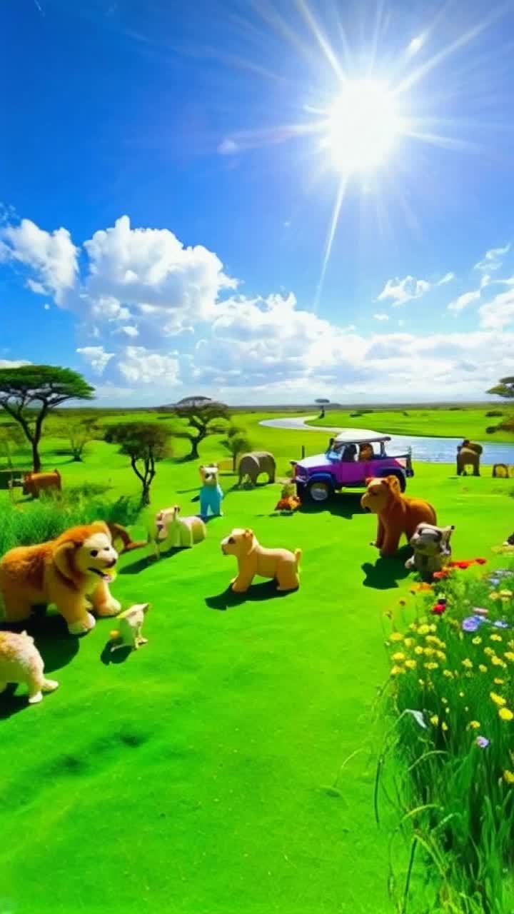 Vibrant safari scene plush animals frolicking a lush green savanna colorful lions gentle elephants mischievous monkeys bouncing animatedly Sunlight filters through rustling acacia trees as playful giggles echo across the landscape Soft grass sways under their adorable paws creating a playful rhythm Bright blue sky adorned with fluffy white clouds invites adventure Nearby sparkling river glistens sparkling in sunlight drawing curiosity Exotic flowers bloom in splashes of color enticing curious critters to pause and explore Whimsical safari jeep rolls through capturing the essence of funfilled exploration in a captivating plush jungle