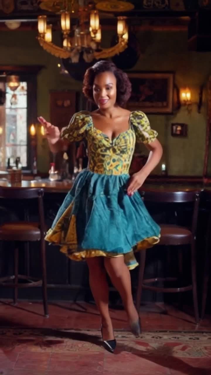 beautiful African brown woman wearing 1920s flapper dress dancing in vintage bar