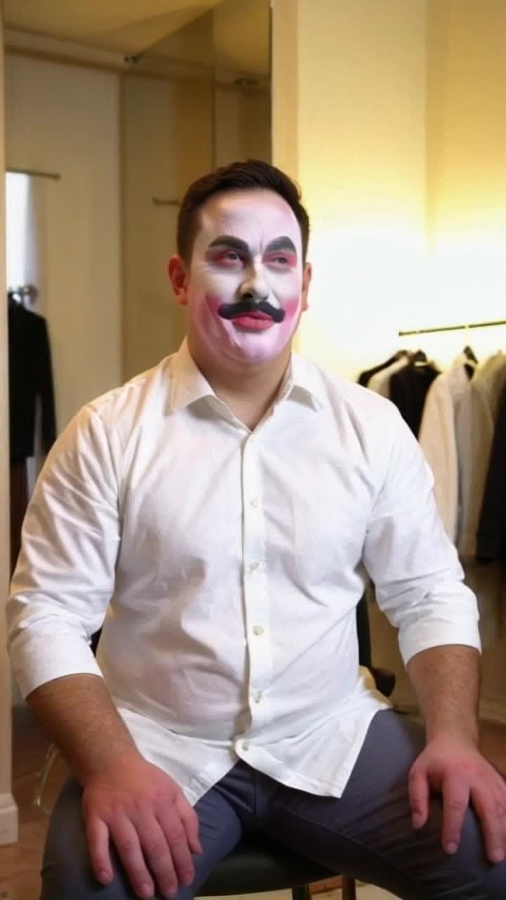 James Vance is sitting in a well lit dressing room, his face is chubby with a goatee, he is transforming into a clown by applying makeup to his face, he smiles as each brush stroke hides his face under the makeup