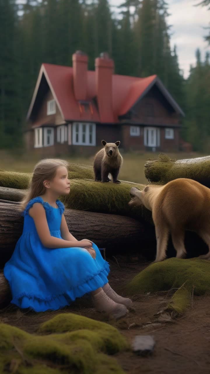 Little girl wearing a bright blue dress seated gracefully on a large moss covered log in a deep Northern forest complete with a friendly looking black bear and some elk the girl is gazing curiously down on a large white house with a striking red brick chimney to the left Two stories high with expansive windows allowing Neatly stacked firewood nearby afternoon Light breeze rustles the leaves as she peers towards a breathtaking forested mountainous ridge cloaked in shades of soft purple with a dreamy blue haze enveloping the distance creating an enchanting backdrop filled with wonder and tranquility