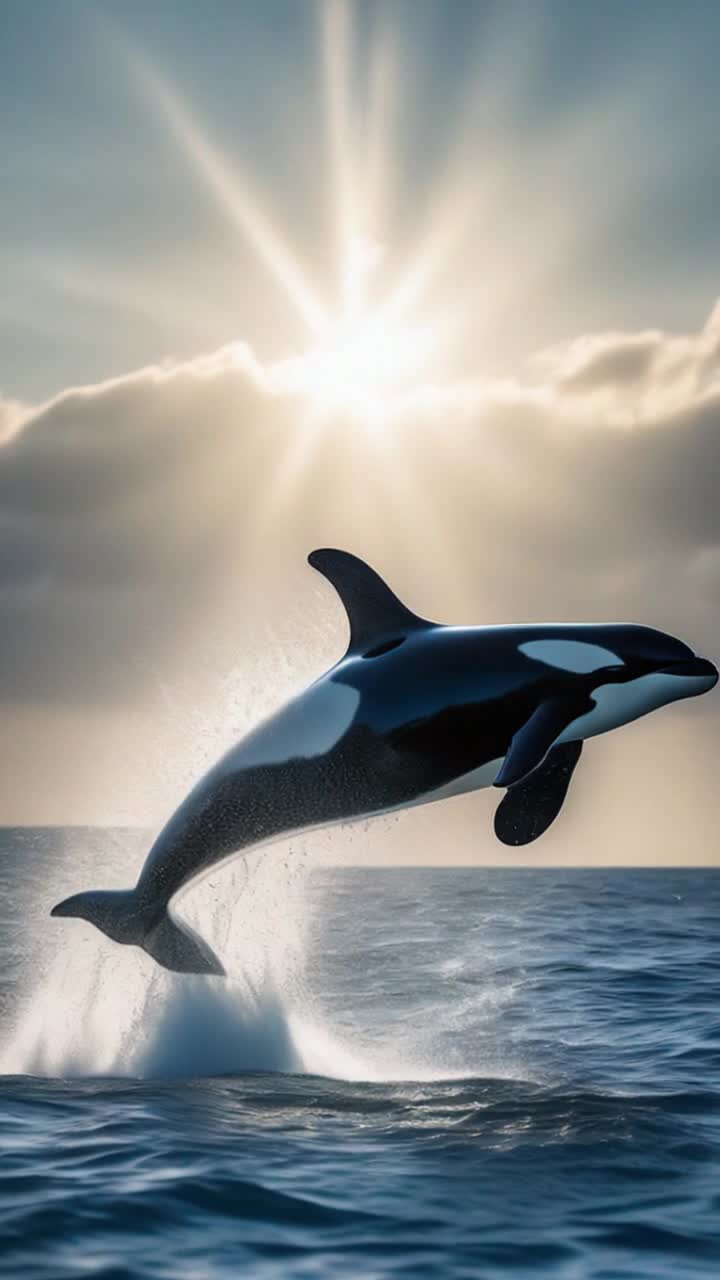 Majestic killer whale soaring gracefully through vibrant blue sky Powerful fluke propelling massive body upward with fluid elegance Splashing down into crystal clear ocean waves glimmering under sunlight Dancing rays creating a sparkling ambiance across water Surface shimmering like diamonds as seagulls glide effortlessly above adding life to scene Gentle sea breeze whispering through the air carrying hints of salt and adventure Majestic whale breaching in a cascade of spray showcasing the wild beauty of nature Ocean horizon stretching endlessly under a vast azure canopy