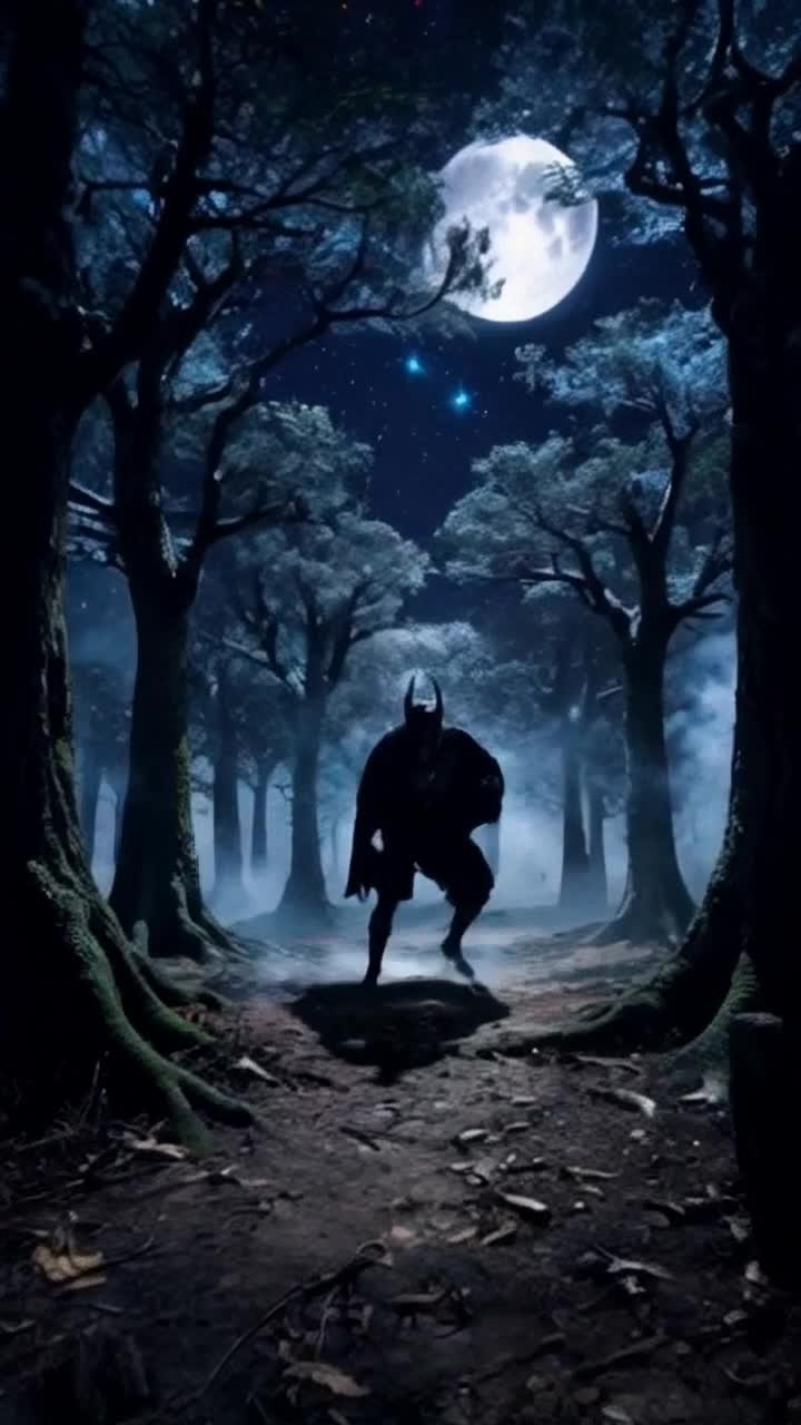 Demon cloaked in swirling shadows towering menacingly Jedi ninja adorned in flowing robes leaping with agility Striking at lightning speed unleashing a dazzling whirlwind of energy Rippling shockwaves radiating across a moonlit forest illuminated by shimmering stars Ancient trees bending in response to the powerful clash Whispering winds carrying echoes of battle as dark forces collide Mystical energy crackling illuminating the night sky in vibrant hues