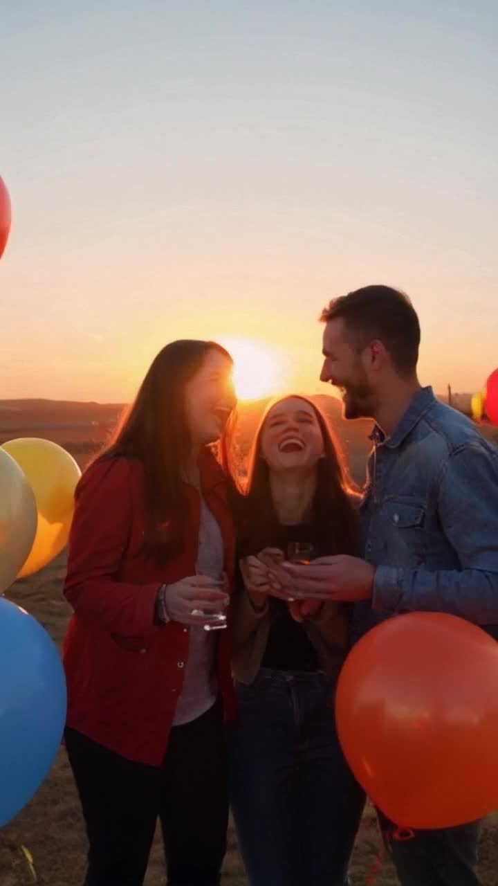 Dynamic group of friends laughing and celebrating creating unforgettable memories capturing joy in every moment Colorful balloons soaring through a clear blue sky as vibrant sunset paints the horizon Festive music playing softly in the background filling the atmosphere with excitement