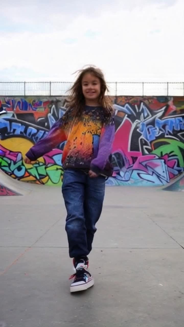 Teenager with messy hair and colorful clothes strikes fun poses Dynamic spinning and twirling in an urban skate park filled with graffiti and vibrant art murals