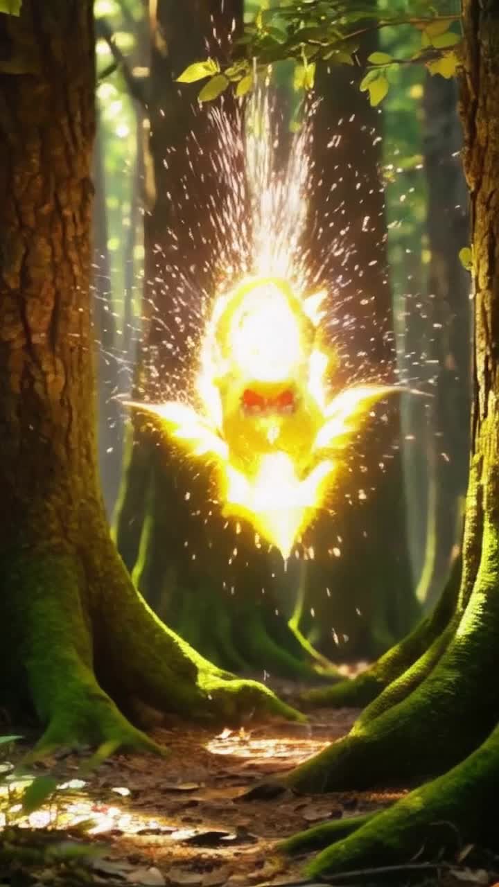 Electric yellow creature crackling with energy glows brightly surrounded by shimmering sparks transforms into majestic form radiating power ancient forest backdrop bathed in warm sunlight green leaves rustle as gentle breeze sweeps through soft glow of magic fills the air vibrant colors swirl around creating captivating atmosphere excitement builds as evolution unfolds