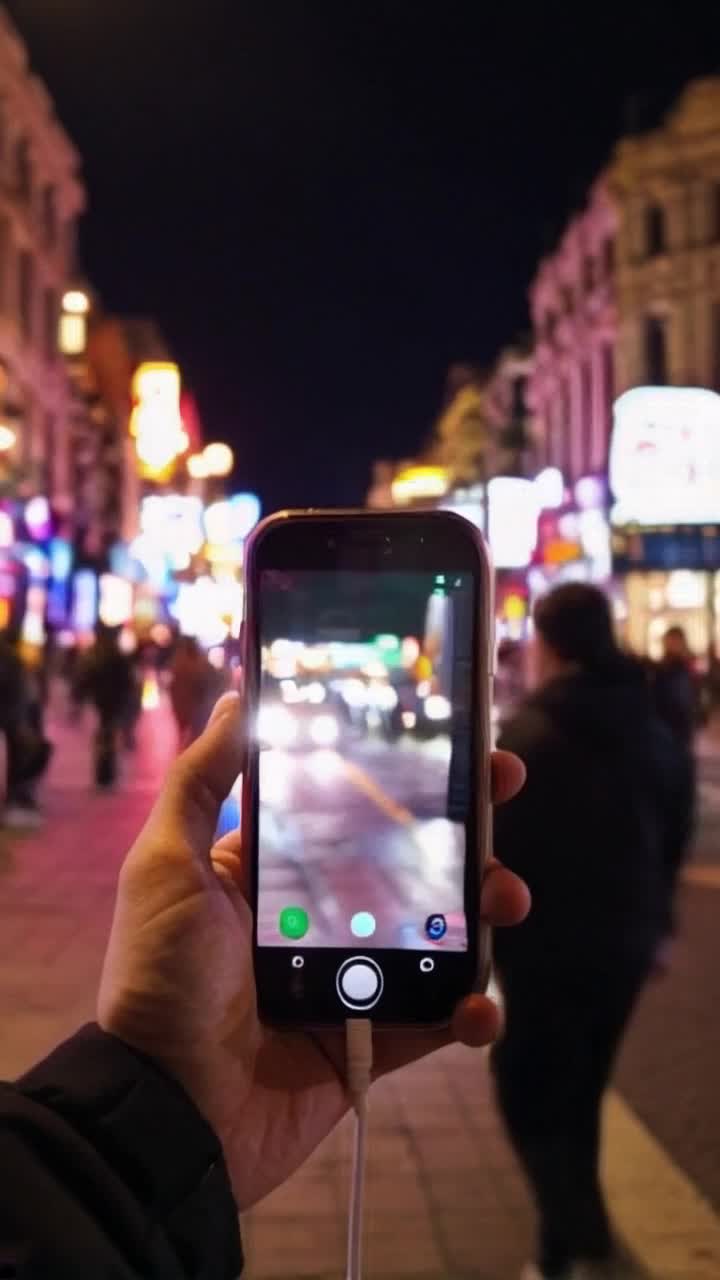 An iPhone photo with no clear subject or good composition, just a quick, accidental snapshot The angle is awkward and the framing is chaotic, giving the image a deliberately lackluster feel, as if it was taken absentmindedly by taking the phone out of my pocket The background shows a lively Los Angeles night, with neon lights, traffic, and blurry figures passing by