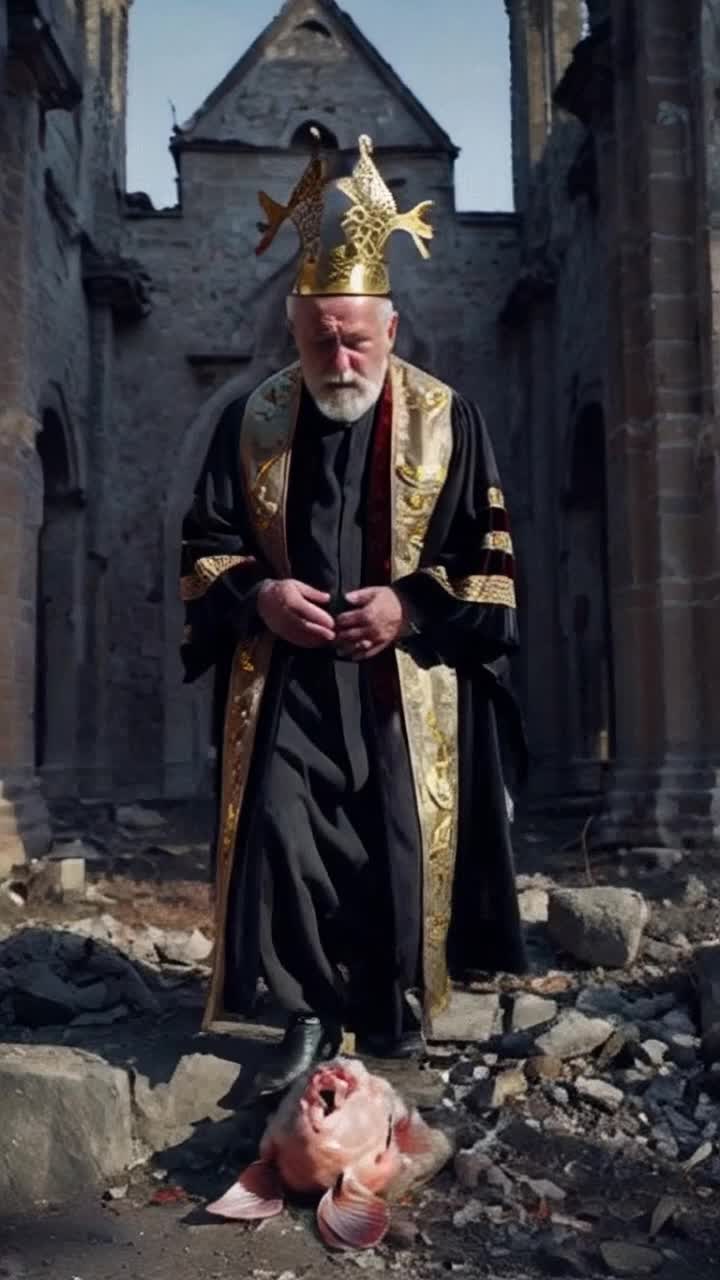 Elderly man wearing luxurious satin robe shimmering white adorned with intricate gold fish motifs wearing whimsical fishshaped headpiece resembling papal tiara recoiling in disgust as he steps on his own disembodied face collapsing church looming ominously behind him crumbling under unseen pressure darkness swirling overhead rays of ominous light piercing through crumbled walls echoes of whispers filling the air tension palpable as shadows dance around fallen structure