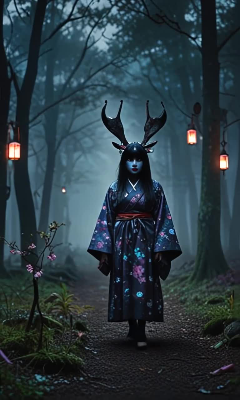 Elegant woman with dark hair adorned in an intricately styled traditional kimono features whimsical eerie designs intertwining florals with dark tones glides gracefully through a surreal forest oversized cherry blossoms loom above twisted trees sway gently floating lanterns cast a soft glow dim lighting enhances high contrast creating a moody atmospheric scene infused with vintage 1980s cinematic nostalgia film grain dances across muted colors mystical ambiance envelops her whimsical presence wrapped in shadows hints of magic fill the air whispering dark secrets throughout the enchanted grove