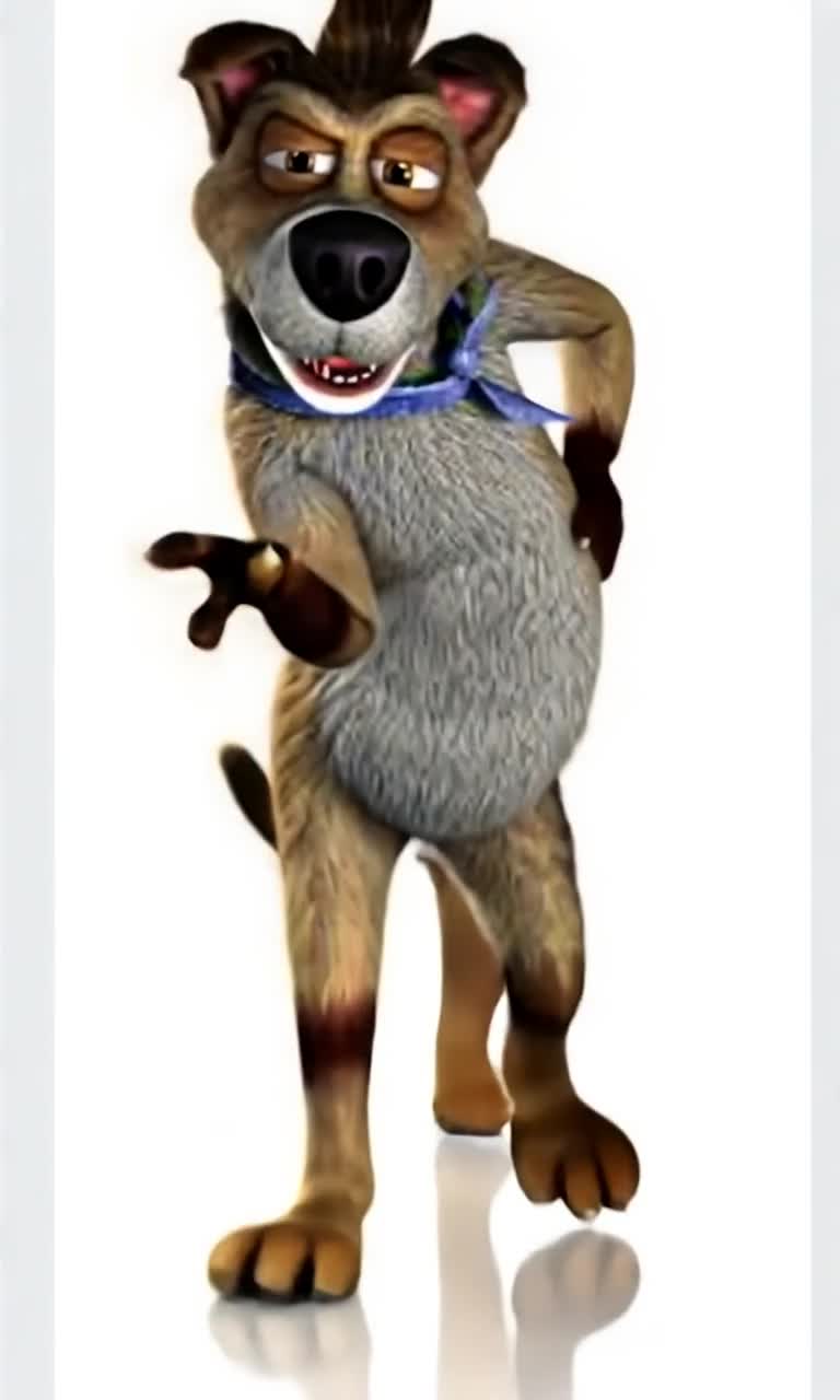 An anthropomorphic dog character starts walking towards the camera, getting closer and closer to it