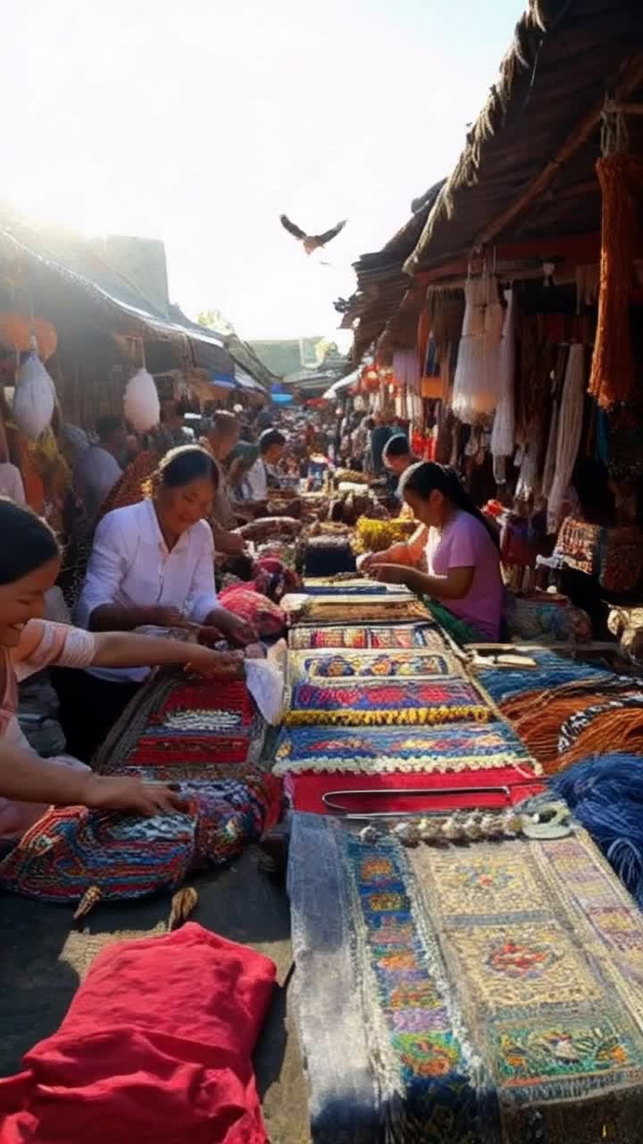 Colorful market vendor bustling with excitement showcases vibrant handmade crafts Artisans skillfully weaving intricate patterns create mesmerizing tapestries Lively atmosphere filled with laughter and chatter resonates throughout Sunlight filters through brightly colored awnings casting playful shadows on cobblestone streets Exotic spices fill the air with intoxicating scents drawing curious travelers closer Birds flit above adding a lively soundtrack to the scene A little girl giggles as she inspects delicate jewelry sparkles like stars in sunlight Locals share stories animatedly blending cultures in an enchanting celebration of craftsmanship and community