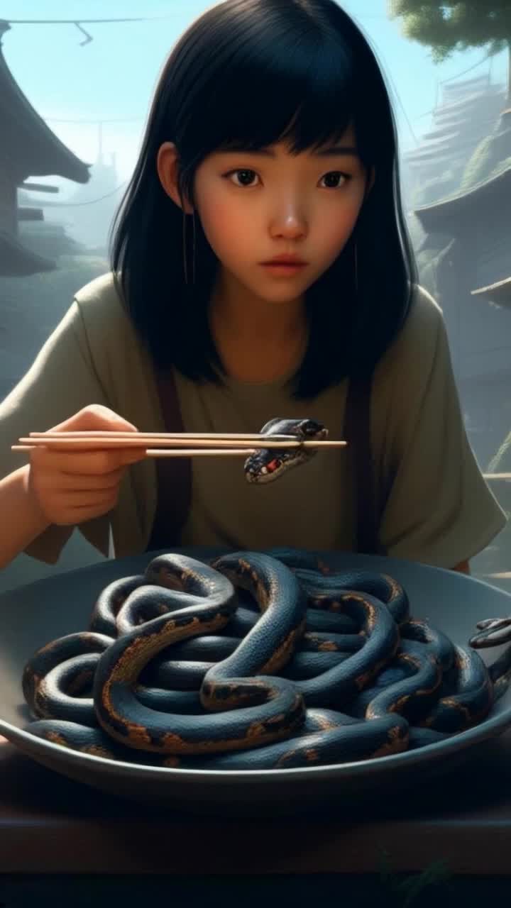 girl with straight black hair sits at a wooden table in a serene, traditional outdoor setting She holds chopsticks, poised to pick up a snake from a large bowl filled with several coiled black snakes Her expression is one of curiosity and intrigue Behind her, softly blurred architectural features suggest an ancient village, with lush greenery surrounding the buildings A small dish of yellow seasoning and a decorative container are placed on the table beside her The scene is bathed in gentle light, creating a peaceful yet unusual atmosphere