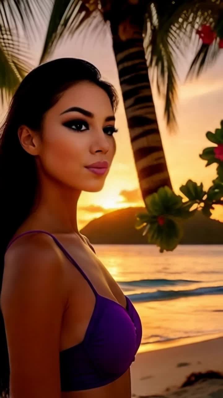 Graceful woman in flowing silk dress adorned with floral patterns twirling with joy Swaying gently capturing warmth of evening light Golden rays of sunset casting a magical glow over vibrant lush palm trees turquoise waves lapping at soft sandy shores Seagulls soaring above adding melody to tranquil atmosphere A picturesque horizon where sky melts into shades of orange pink and purple envelops her in serene beauty