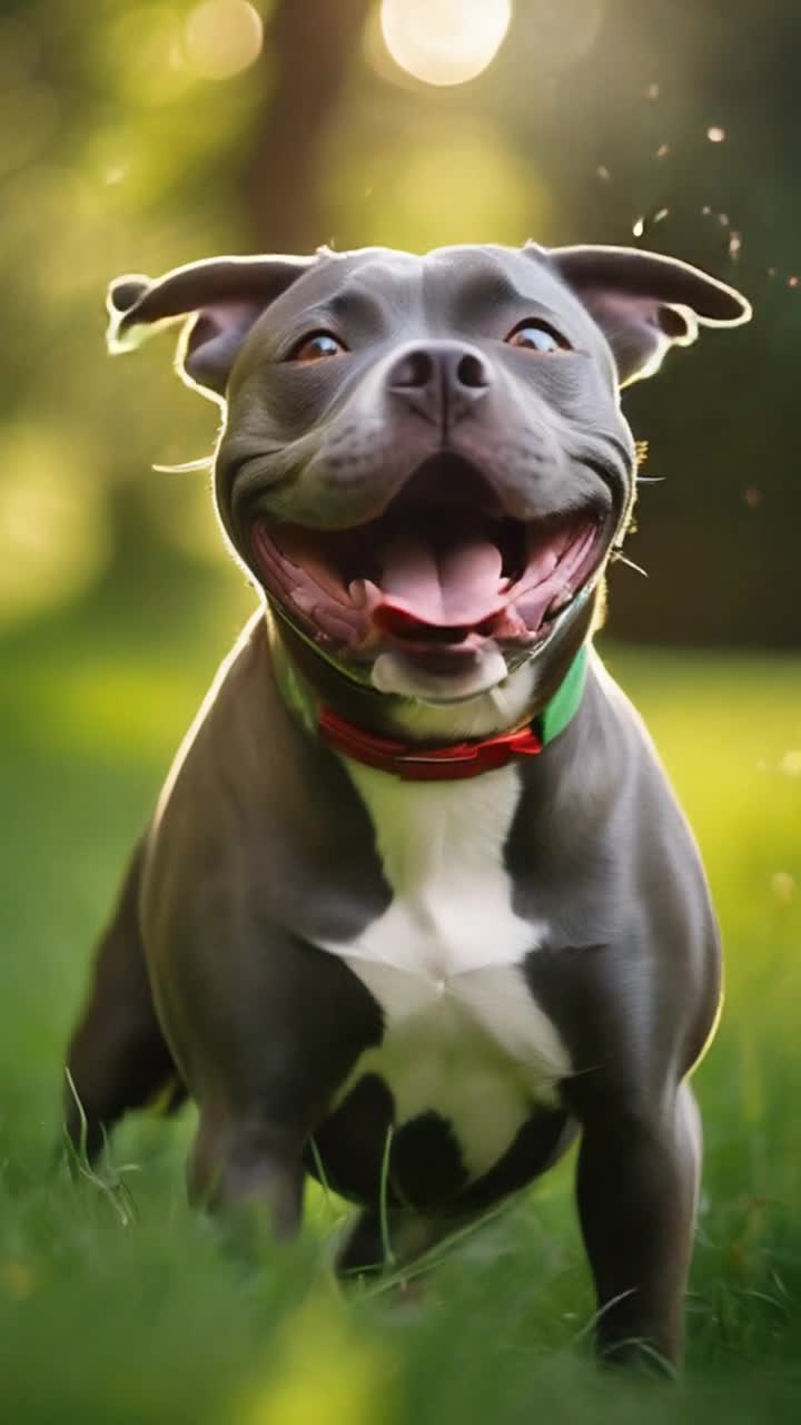 Joyful blue Staffordshire Bull Terrier dashing with exuberance alongside playful owners under radiant sunbeam Wide lush green grassy yard dotted with swaying trees whispering in the gentle breeze Dog leaps after vibrant red ball tongue flapping and tail wagging wildly Owners erupt in laughter clapping hands enthusiasm filling the air as they toss ball again Spirited sprints of excitement with sunlight dancing off her sleek blue gray fur Scene bursts with joy energy connection celebrating bond between cherished pet and loving family in a heartwarming lively moment
