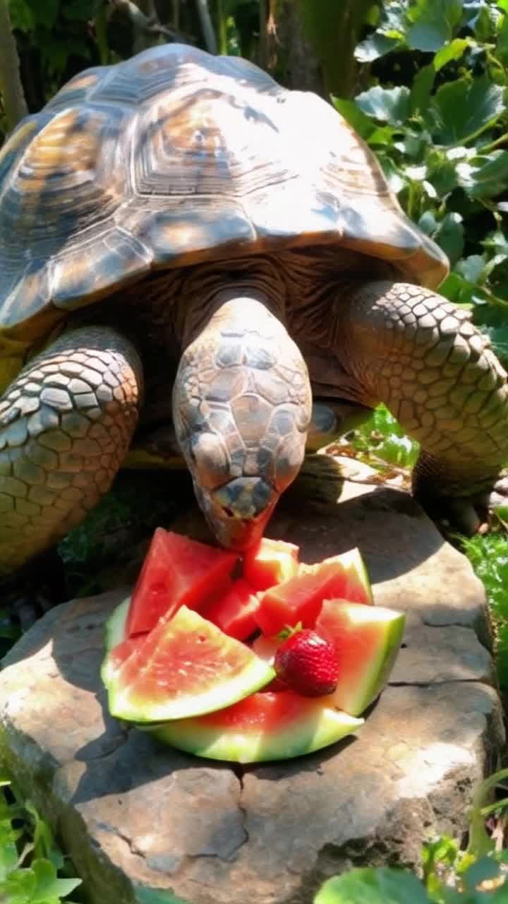Majestic tortoise with intricate ancient shell savoring vibrant fruits in lush garden Watch as it extends leathery neck to gracefully feast on juicy watermelon sweet strawberries ripe apple nestled on sunbaked flat stone Sunlight cascades through verdant leaves creating captivating patterns on its weathered shell Capture enchanting moments of slow chewing blinking eyes showcasing delicate crunch of each bite Include macro shots revealing tortoises beaklike mouth expertly navigating colorful treats Scene enveloped in tranquil nature sounds emphasizing serene contrast between tortoises deliberate pace and lively burst of fruit colors